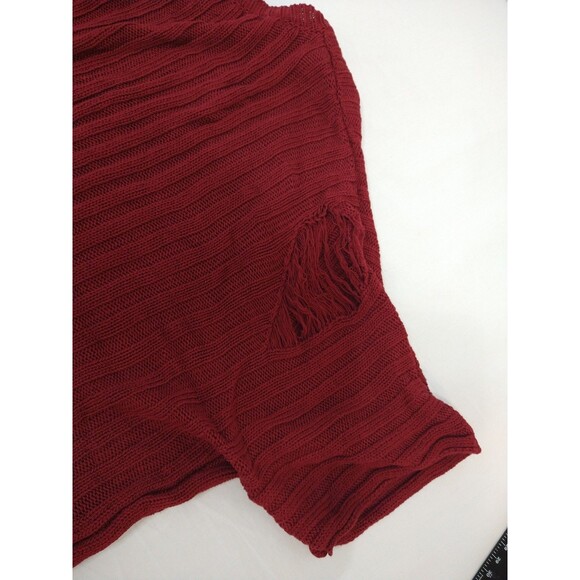 Love J Size M Distressed Cropped Short Sleeve Fringe Thrashed Red Wine Sweater - Picture 9 of 13